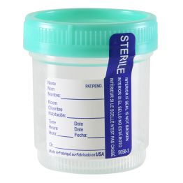 SureTight™ Specimen/Sample Cup, Sterile, Stackable, Green Polyethylene Screw Cap, 90ml 