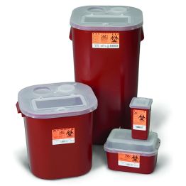 Sharps Containers, Stackable, Red, Polypropylene, 12.5x13.5x6, Large Tortuous Path Lid. Biohazard with Symbol, 3 Gallon