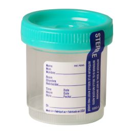 SureTight™ Specimen/Sample Cup, Sterile, Stackable, White Polyethylene Screw Cap, 90ml 